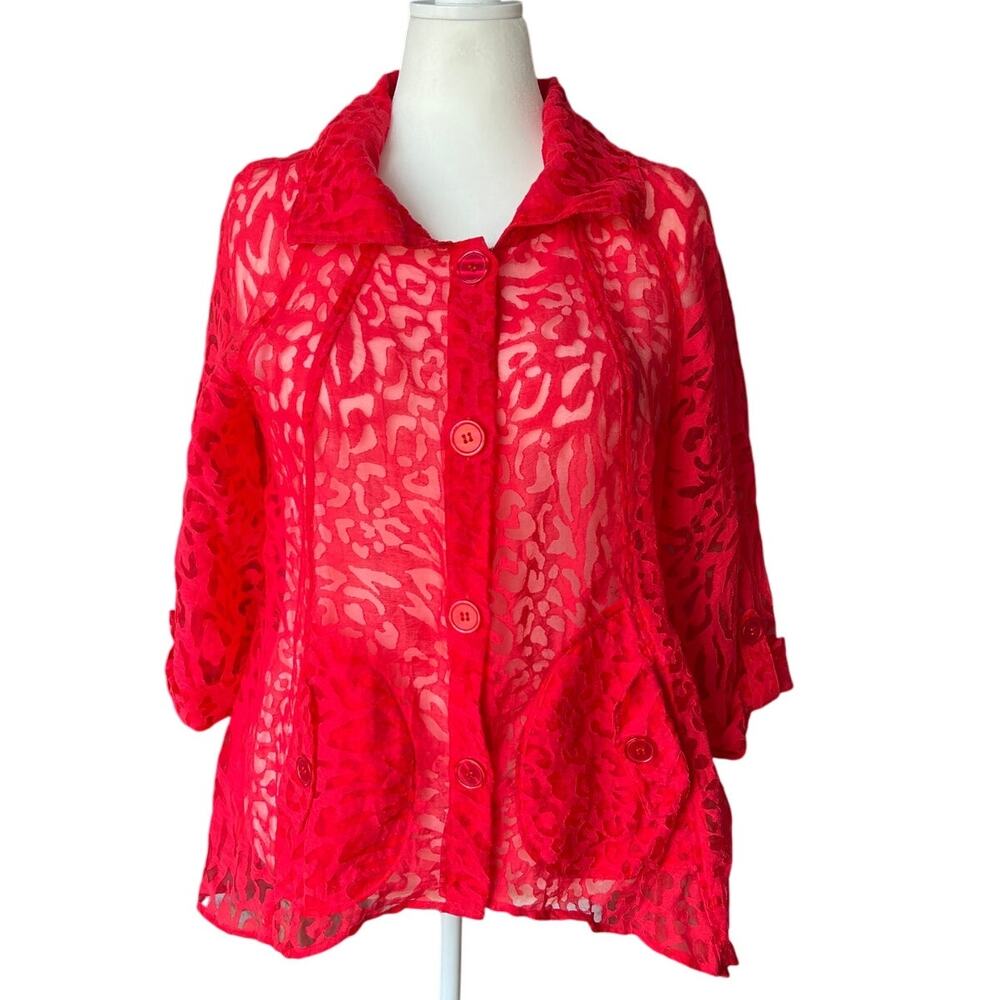 Red Cheetah Print Sheer Button Up Shirt Size L Oversized Collar & Pockets Twee